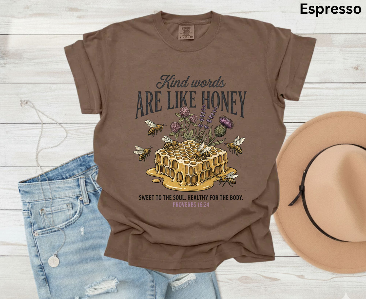 Kind Words Are Like Honey T Shirt Proverbs 16:24 Tee Christian Bee Honeycomb Shirt Religious Faith Gift Adult Youth Toddler Baby Apparel