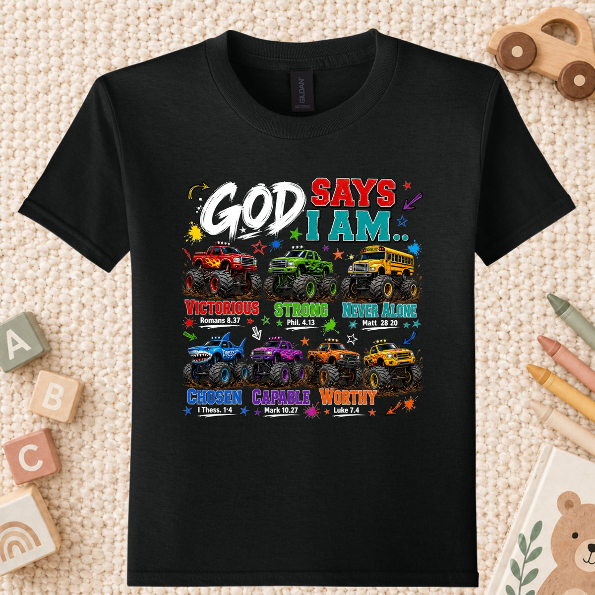 God Says I Am Monster Trucks Christian T-Shirt, Bible Verse Kids Religious Graphic Tee