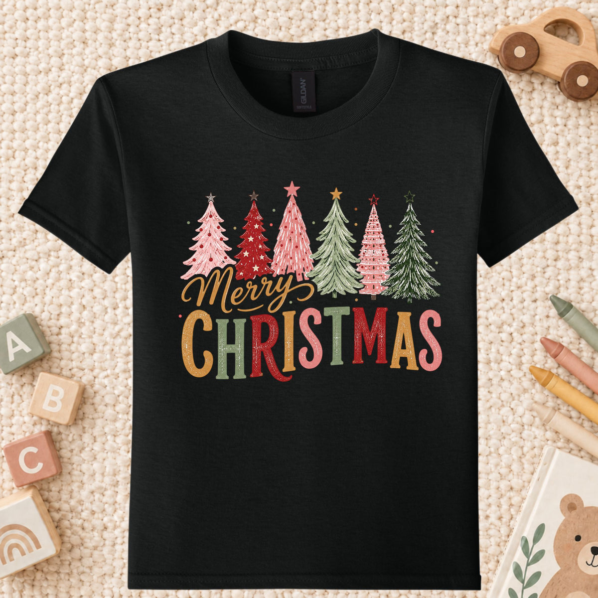 Colorful Christmas Tree T-Shirt, Gold Script Holiday Tee, Festive Christmas Sweatshirt