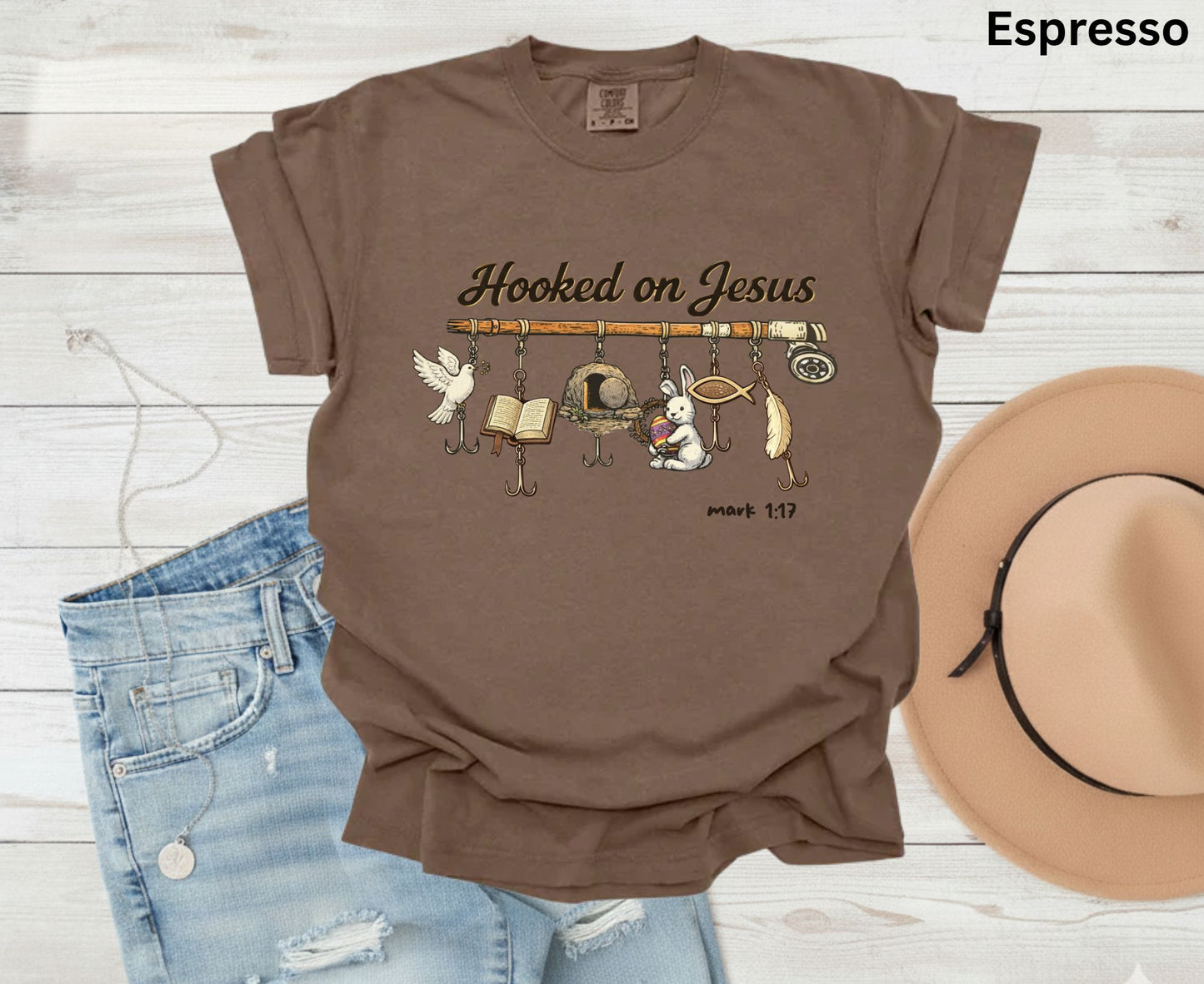 Hooked On Jesus T Shirt Mark 1:17 Christian Fishing Tee Easter Faith Shirt Adult Youth Toddler Baby Religious Gift Fishers Of Men Tee Shirt