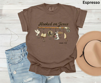 Hooked On Jesus T Shirt Mark 1:17 Christian Fishing Tee Easter Faith Shirt Adult Youth Toddler Baby Religious Gift Fishers Of Men Tee Shirt