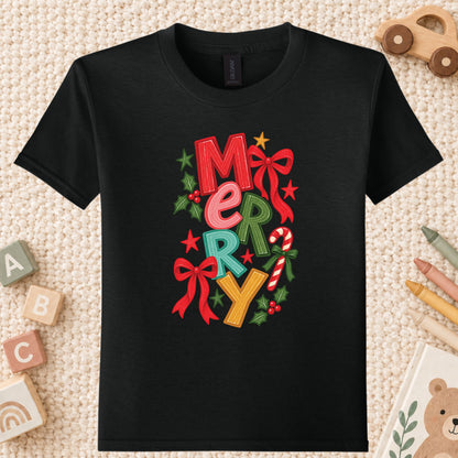 Merry Christmas T-Shirt, Colorful Lettering Red Bow Tee, Candy Cane Holiday Sweatshirt