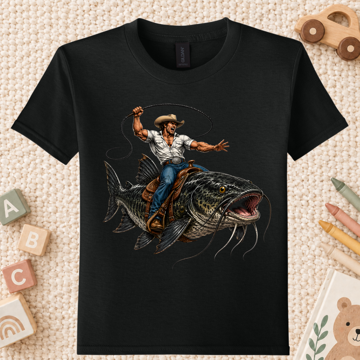 Cowboy Riding Catfish T-Shirt, Funny Fishing Rodeo Southern Graphic Tee for Toddler and Kids