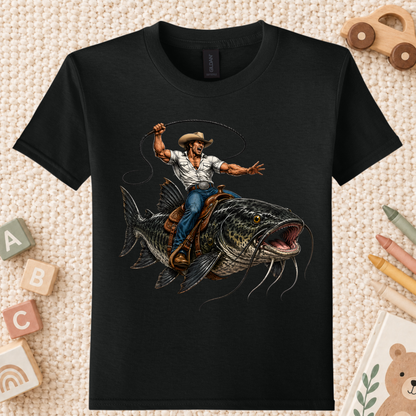 Cowboy Riding Catfish T-Shirt, Funny Fishing Rodeo Southern Graphic Tee for Toddler and Kids