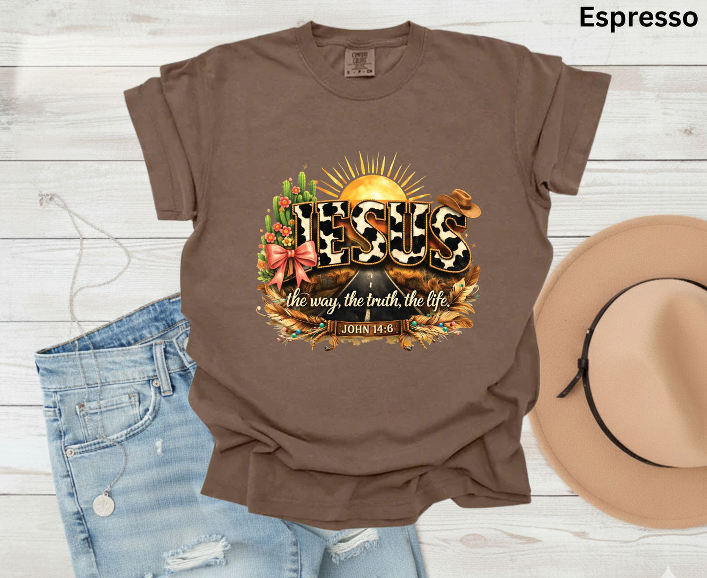 Jesus John 14:6 T Shirt Western Cow Print Tee Christian Way Truth Life Shirt Religious Gift Adult Youth Toddler Baby Boho Cowboy Apparel