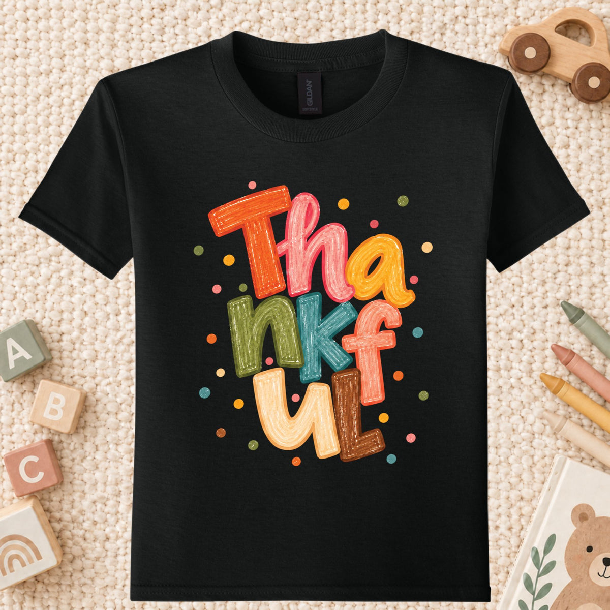 Thankful T-Shirt, Colorful Crayon Lettering Thanksgiving Tee, Fall Holiday Sweatshirt