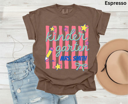 Comfort Colors® Custom Kindergarten Teacher Shirt Retro Stripe Kindergarten Team Tees Personalized Name T Shirt For Men Women Kids Elementary