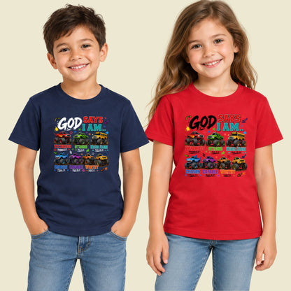 God Says I Am Monster Trucks Christian T-Shirt, Bible Verse Kids Religious Graphic Tee
