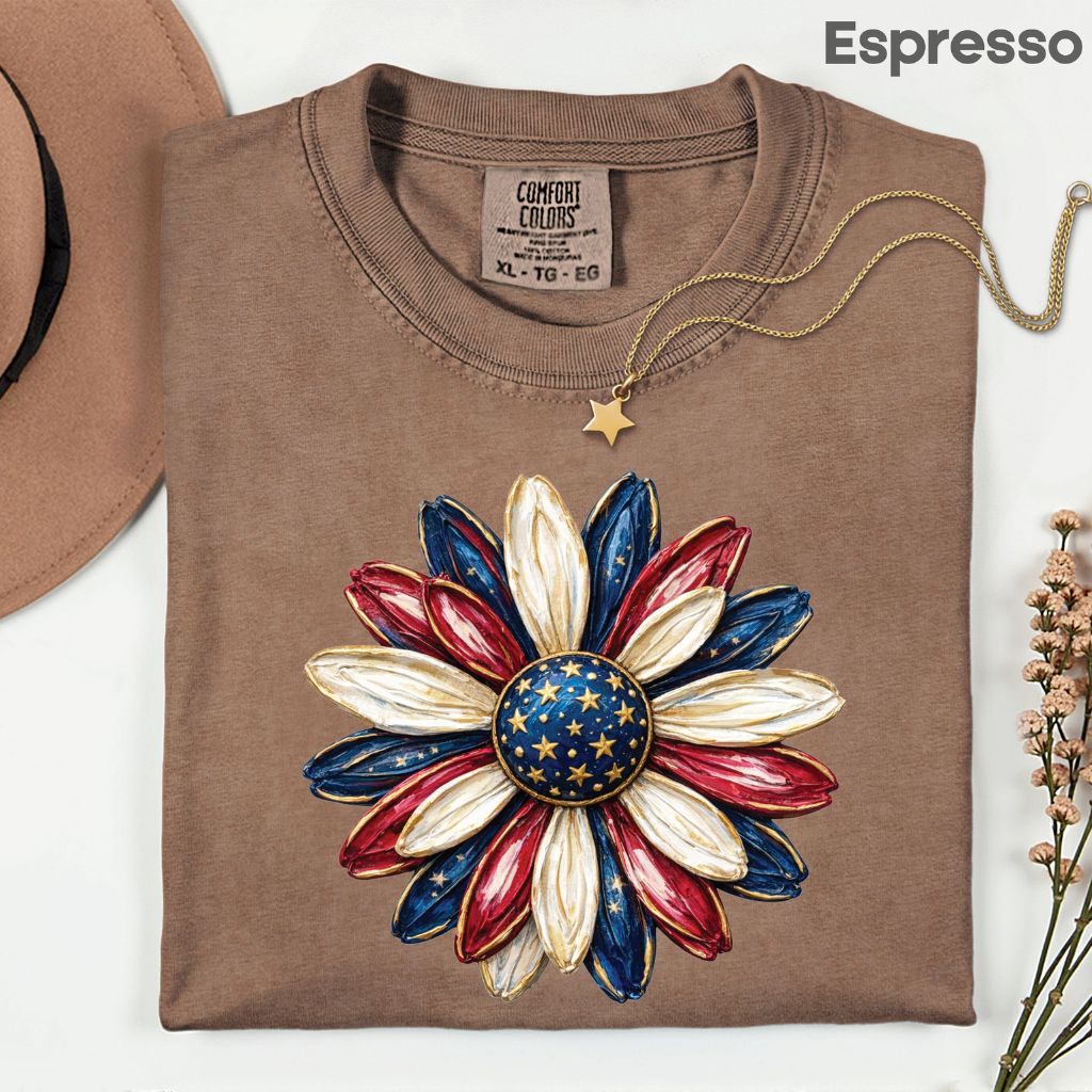 Patriotic Flower Comfort Colors T Shirts 4th of July Sunflower Tee Red White Blue Daisy Shirt Cute America Floral Fourth of July Gifts