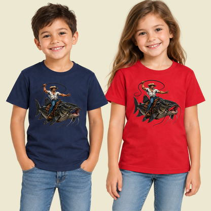 Cowboy Riding Catfish T-Shirt, Funny Fishing Rodeo Southern Graphic Tee for Toddler and Kids