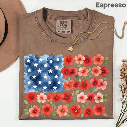 Floral American Flag Comfort Colors T Shirts Watercolor Patriotic Tee Cute Red White Blue Flower Shirt 4th of July Fourth of July Gifts