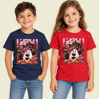 Pink Ghost Halloween T-Shirt, Witch Ghost Bubble Gum Black Cat Spooky Cute Tee for Toddler and Kids