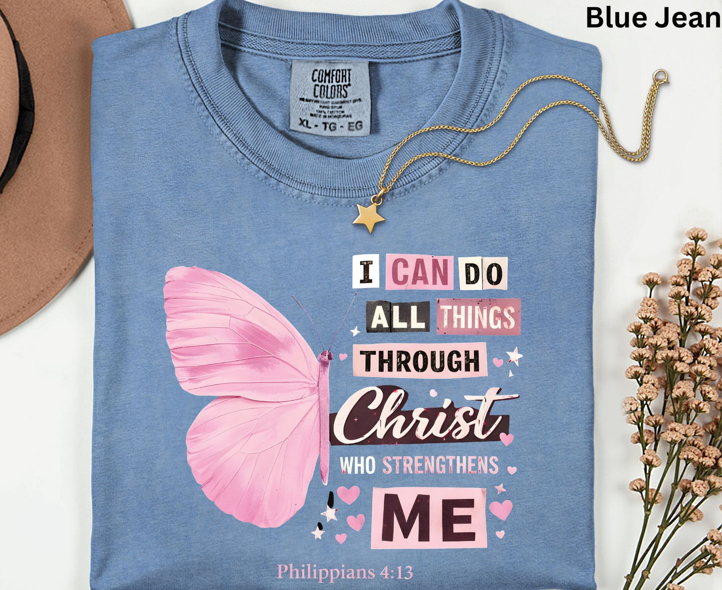 Philippians 4:13 T Shirt Pink Butterfly Tee I Can Do All Things Through Christ Shirt Religious Faith Gift Adult Youth Toddler Baby Church Outfit