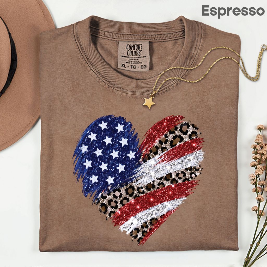 Leopard American Flag Heart Comfort Colors T Shirts Glitter Patriotic Tee Red White Blue 4th of July Shirt Women Fourth of July Gifts