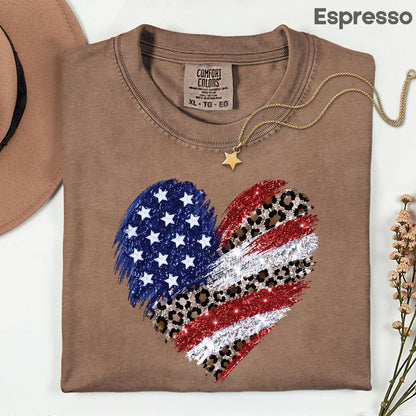 Leopard American Flag Heart Comfort Colors T Shirts Glitter Patriotic Tee Red White Blue 4th of July Shirt Women Fourth of July Gifts