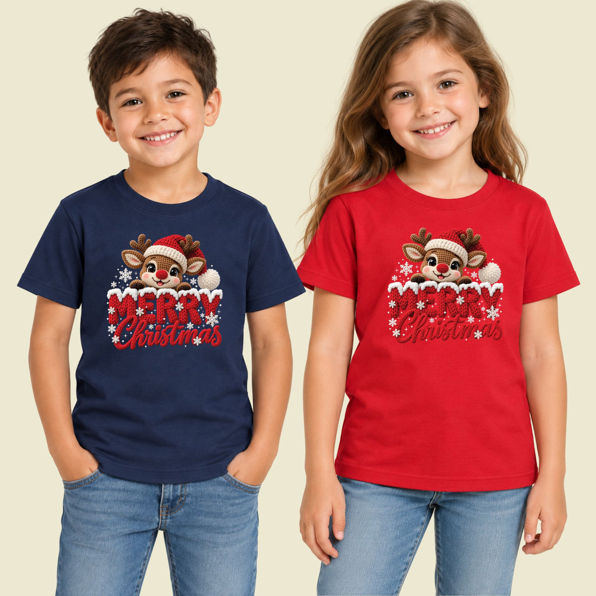 Cute Reindeer Christmas T-Shirt, Santa Hat Knitted Lettering Tee, Cozy Holiday Sweatshirt