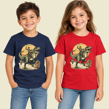 Cowboy Riding T-Rex Western T-Shirt, Rodeo Dinosaur Desert Cactus Tee for Toddler and Kids