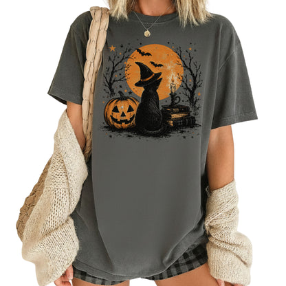 Halloween Black Cat Witch T-Shirt, Full Moon Pumpkin Spooky Vintage Books Magic Tee