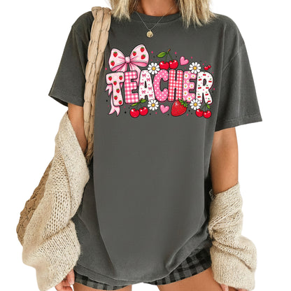 Teacher Coquette Pink T-Shirt, Strawberries Cherries Bow School Educator Tee