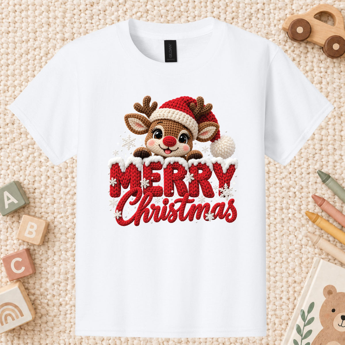 Cute Reindeer Christmas T-Shirt, Santa Hat Knitted Lettering Tee, Cozy Holiday Sweatshirt