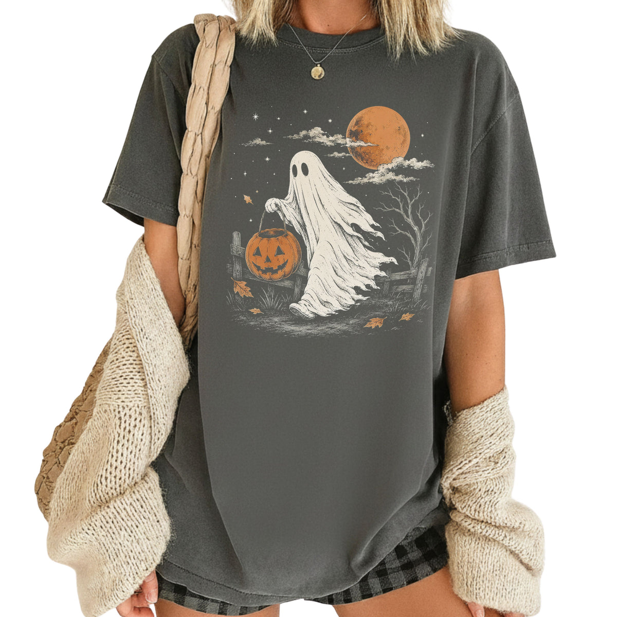 Vintage Halloween Ghost T-Shirt, Jack O Lantern Full Moon Sepia Neutral Tones Spooky Fall Tee