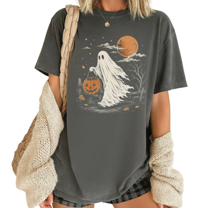 Vintage Halloween Ghost T-Shirt, Jack O Lantern Full Moon Sepia Neutral Tones Spooky Fall Tee