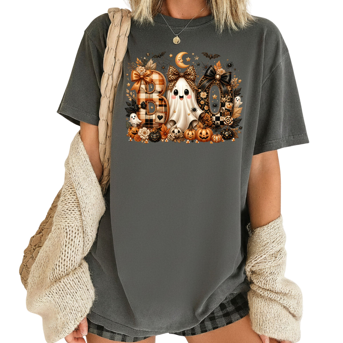 Halloween Boo Ghost T-Shirt, Cute Bows Orange Plaid Leopard Spooky Season Comfort Color Tee