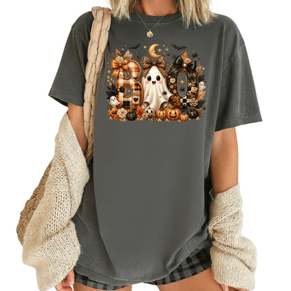 Halloween Boo Ghost T-Shirt, Cute Bows Orange Plaid Leopard Spooky Season Comfort Color Tee