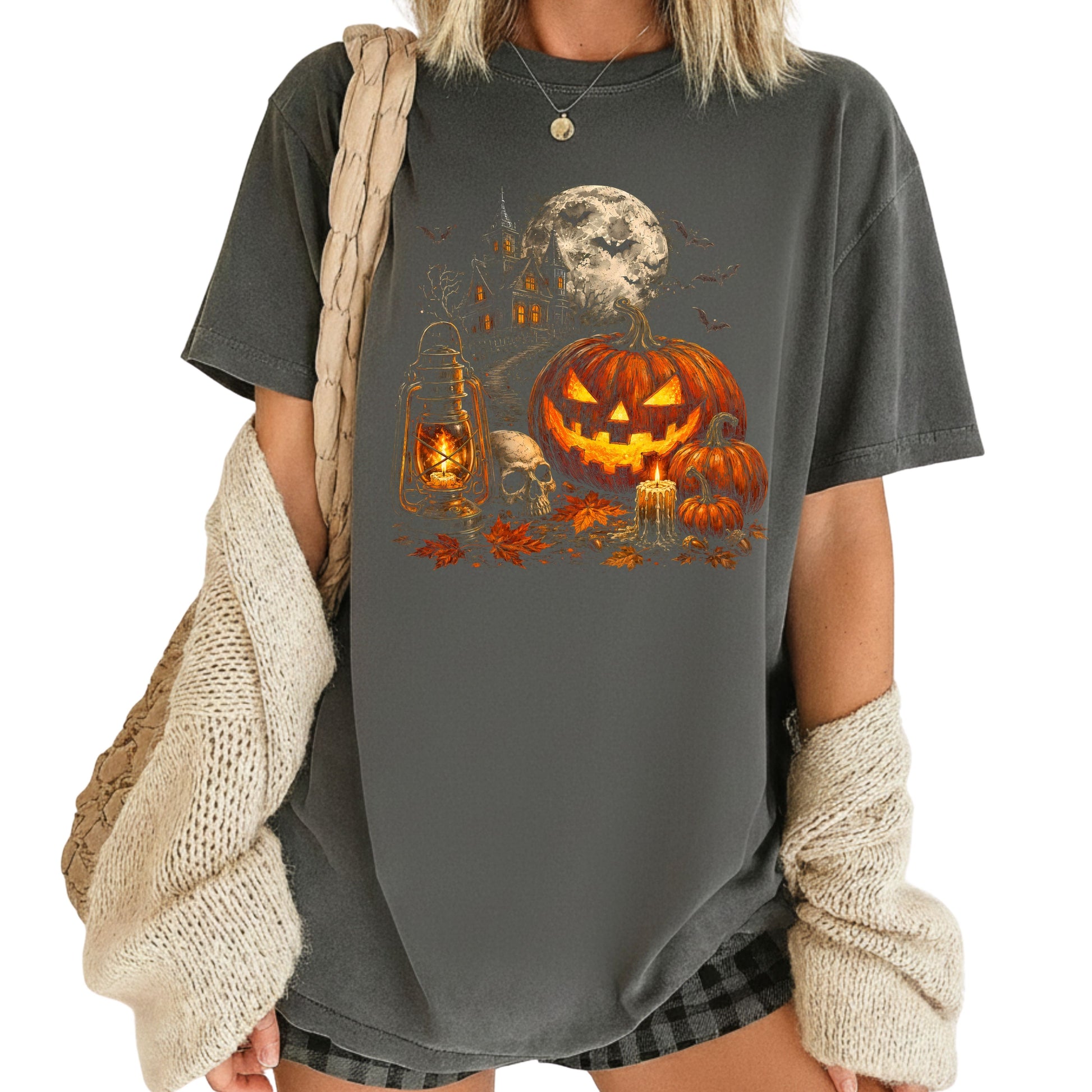 Vintage Haunted House Halloween T-Shirt, Pumpkin Lantern Jack O Lantern Spooky Autumn Tee