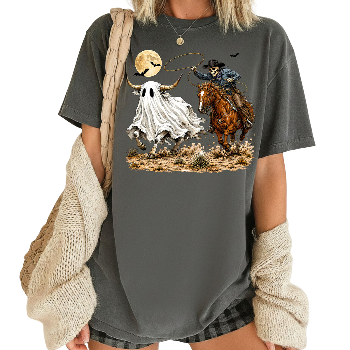 Halloween Skeleton Cowboy Ghost T-Shirt, Western Rodeo Bull Lasso Spooky Tee