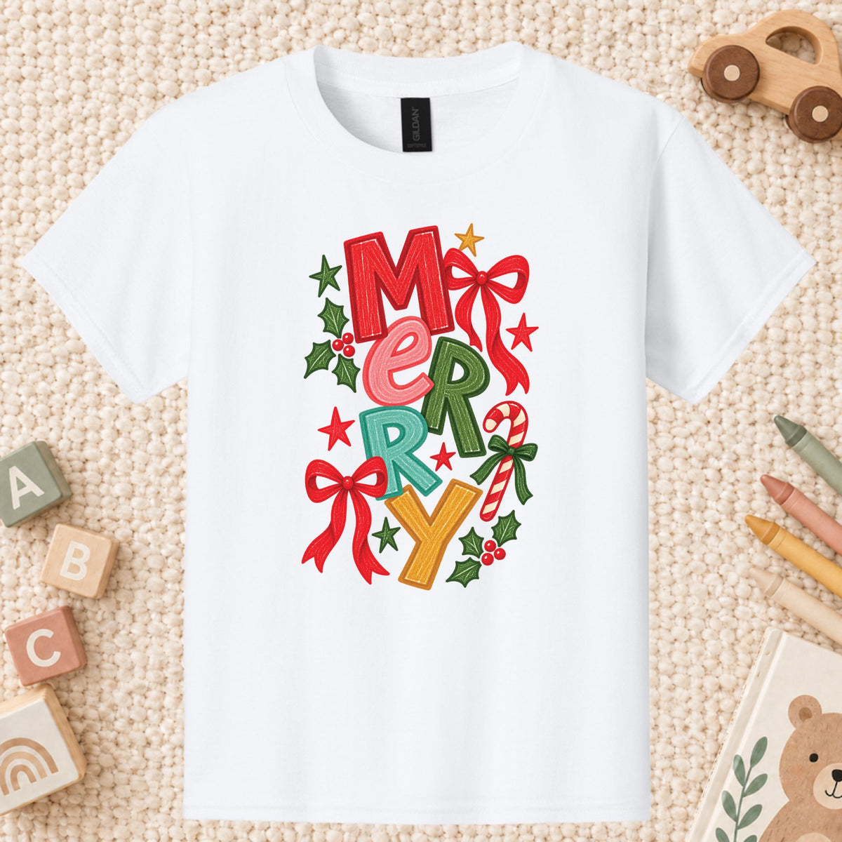 Merry Christmas T-Shirt, Colorful Lettering Red Bow Tee, Candy Cane Holiday Sweatshirt