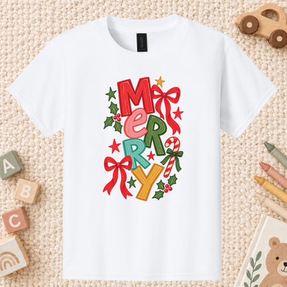 Merry Christmas T-Shirt, Colorful Lettering Red Bow Tee, Candy Cane Holiday Sweatshirt
