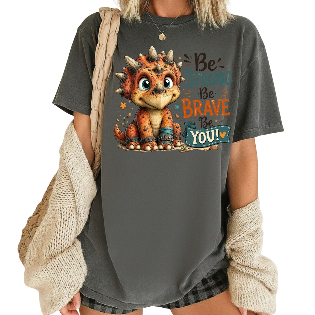Be Strong Be Brave Be You Dinosaur T-Shirt, Cute Triceratops Kids Tee Stars Sweatshirt