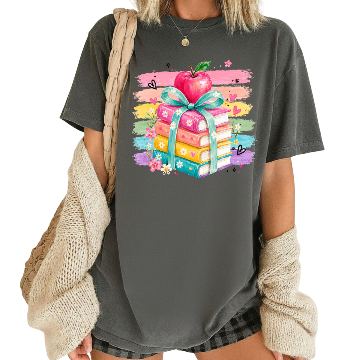 Coquette Stacked Books Teacher T-Shirt, Apple Ribbon Colorful Brushstrokes Comfort Color Tee
