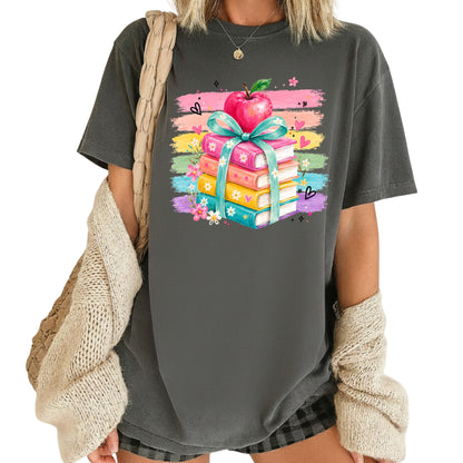 Coquette Stacked Books Teacher T-Shirt, Apple Ribbon Colorful Brushstrokes Comfort Color Tee