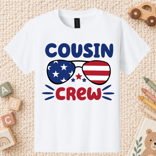 Cousin Crew T-Shirt, Patriotic USA Sunglasses Tee for Toddler and Kids