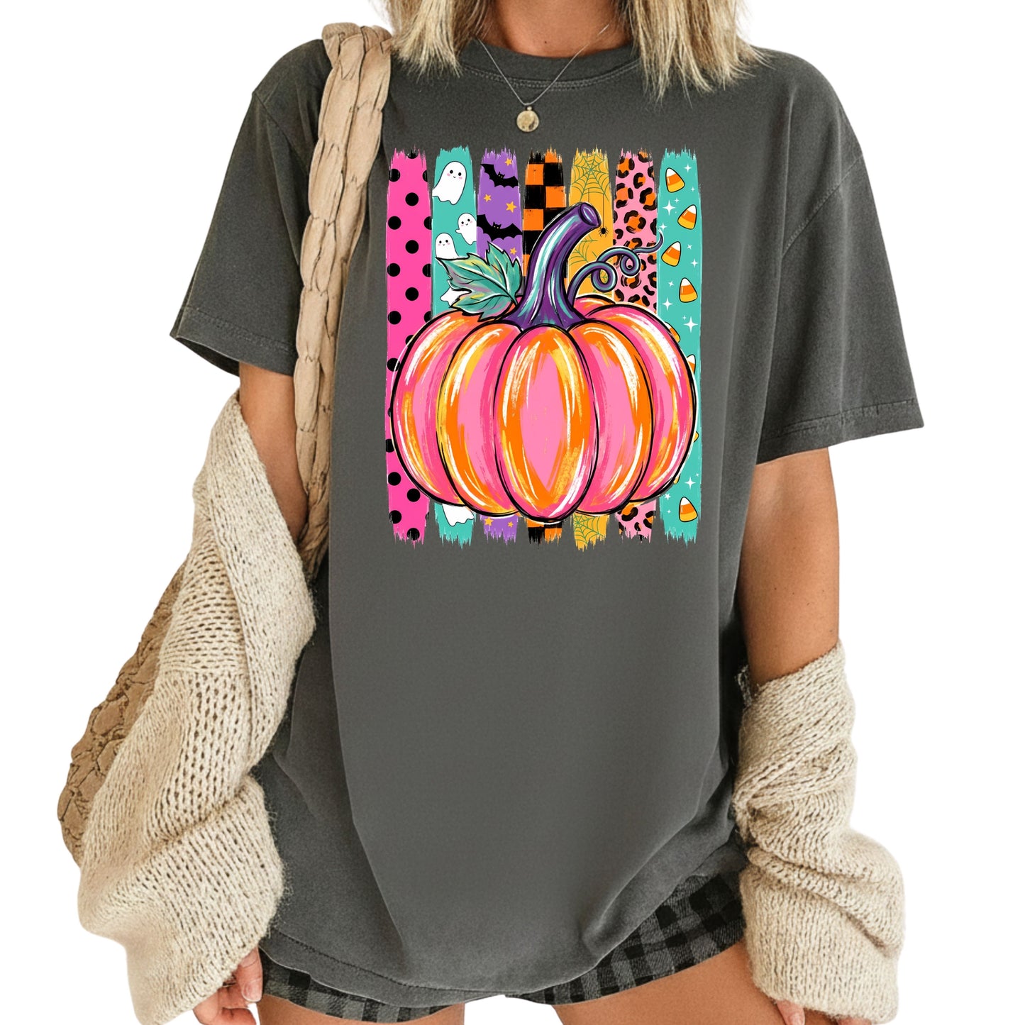 Halloween Pumpkin Brush Strokes Leopard Ghosts Candy Corn T-Shirt, Spooky Season Tee