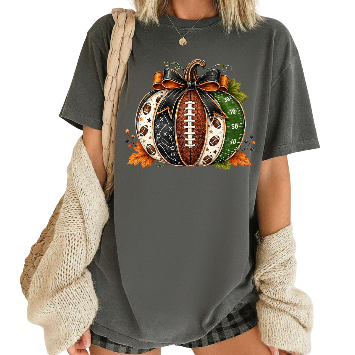 Football Pumpkin Bow Fall T-Shirt, Game Day Football Field Patchwork Autumn Tee