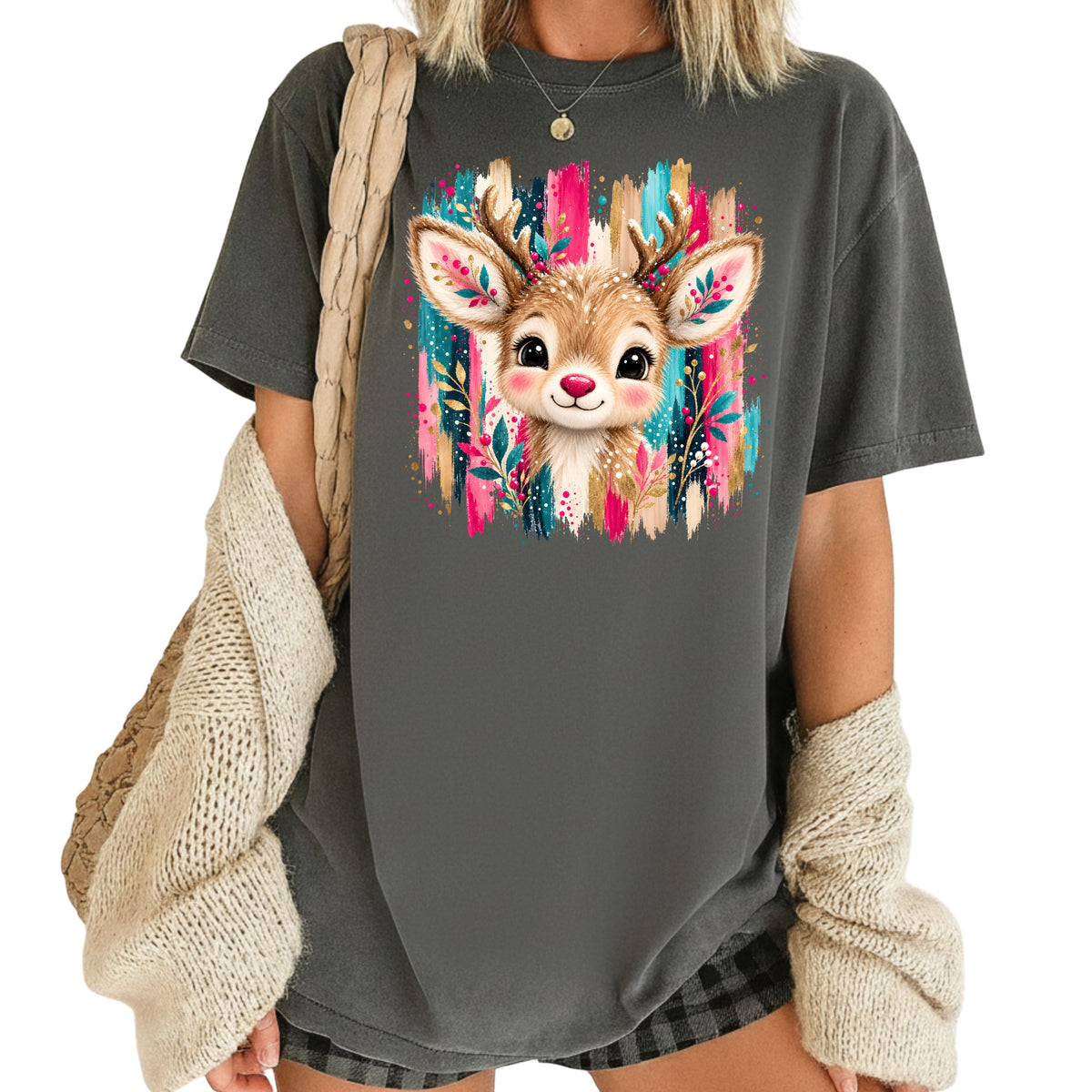 Cute Christmas Reindeer Floral Antlers T-Shirt, Pink Teal Gold Holiday Tee