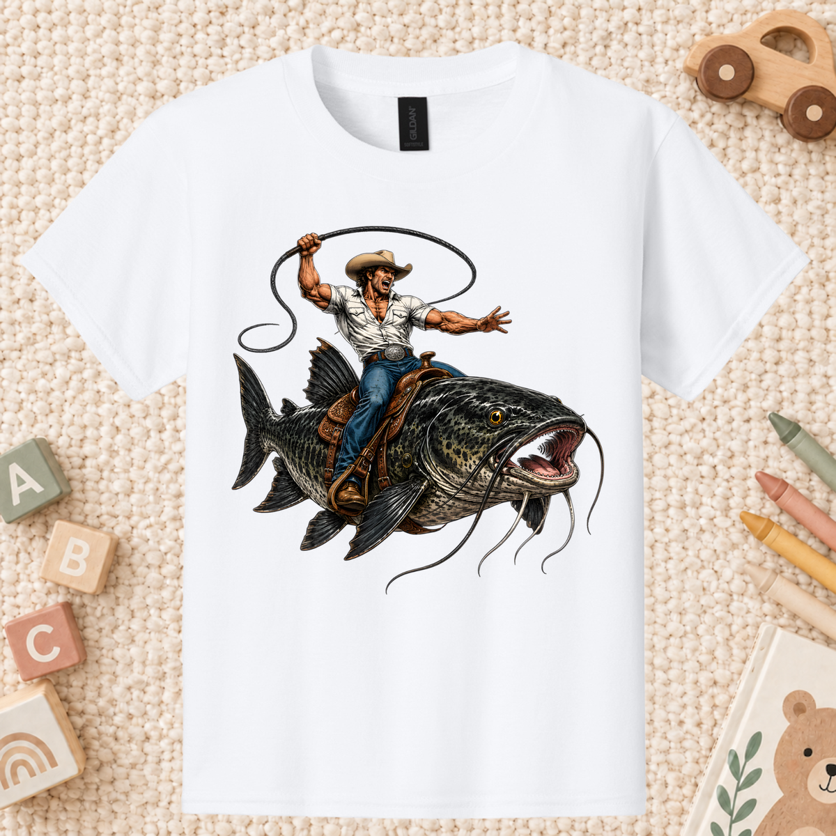 Cowboy Riding Catfish T-Shirt, Funny Fishing Rodeo Southern Graphic Tee for Toddler and Kids