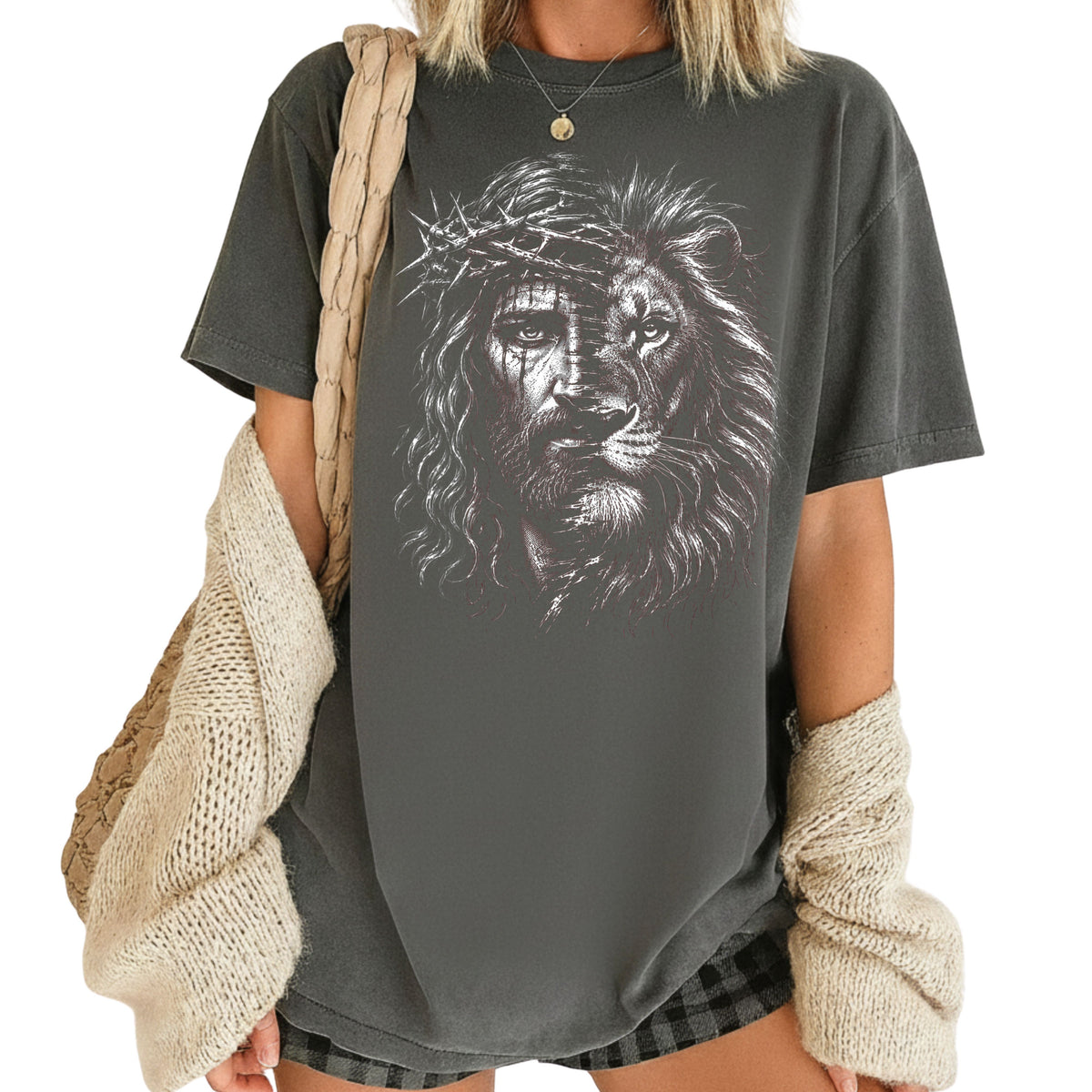 Lion and Jesus Christian Faith T-Shirt, Lion of Judah Crown of Thorns Sketch Tee
