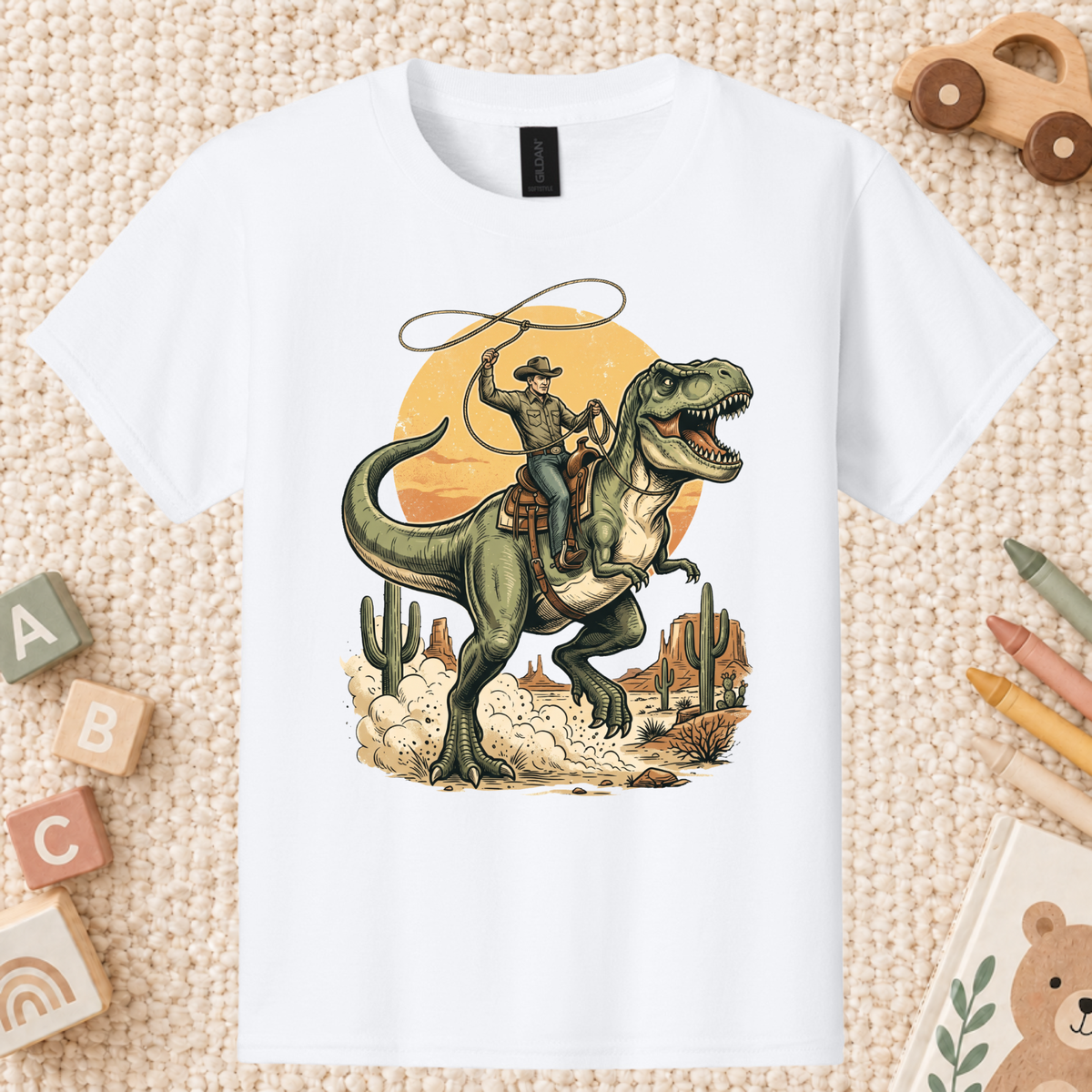 Cowboy Riding T-Rex Western T-Shirt, Rodeo Dinosaur Desert Cactus Tee for Toddler and Kids