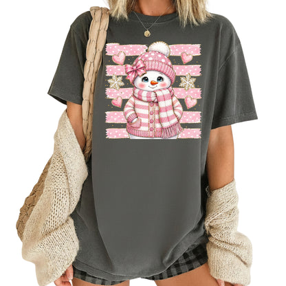 Cute Pink Snowgirl Winter T-Shirt, Snowman Beanie Bow Pink Stripes Hearts Tee