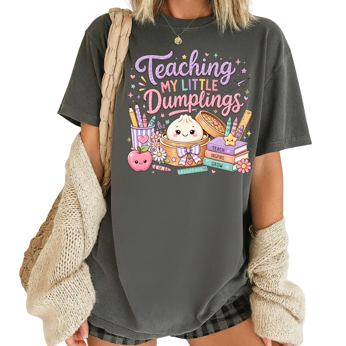 Teaching My Little Dumplings Teacher T-Shirt, Cute Pastel Kawaii School Life Tee