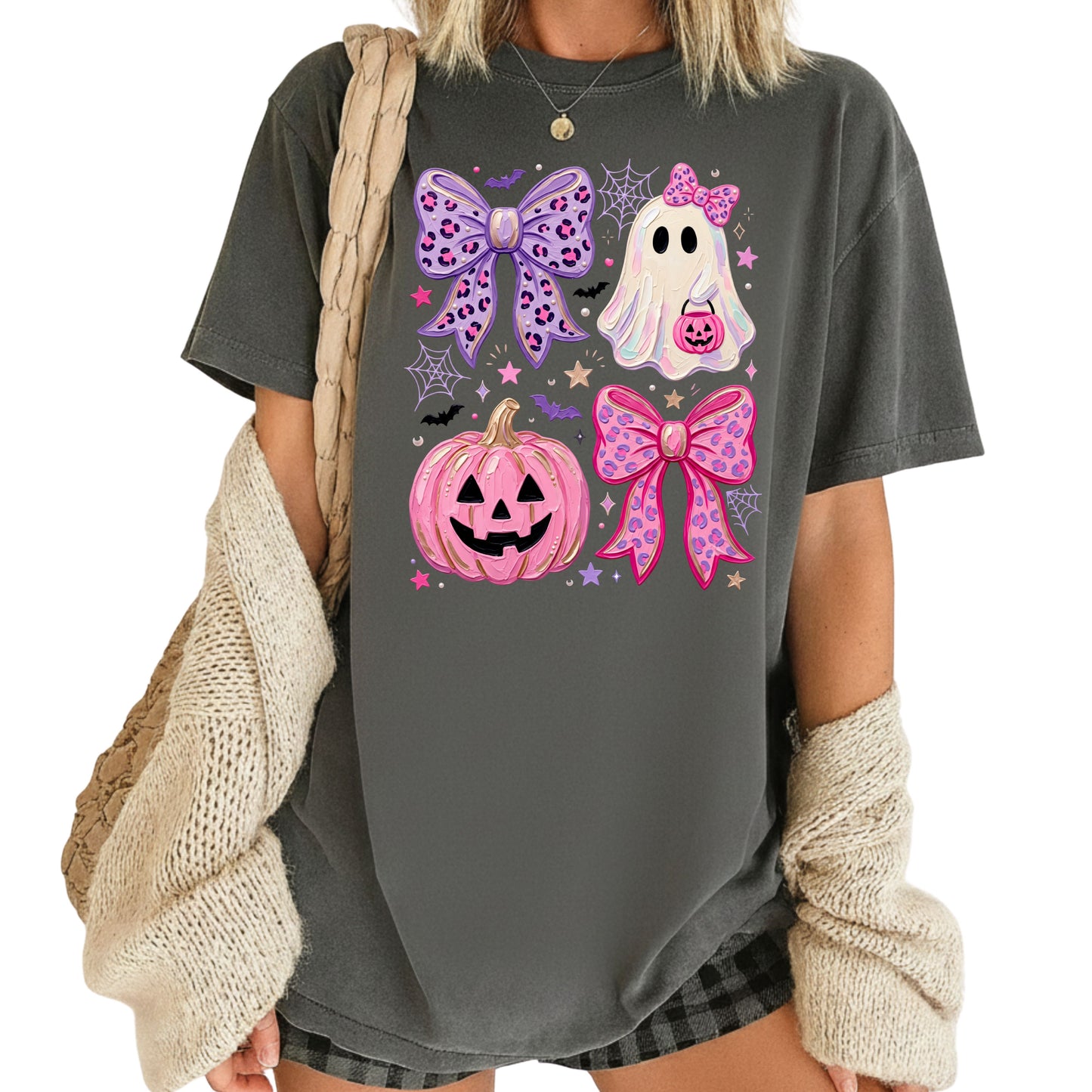 Coquette Halloween Ghost Pink Pumpkin Leopard Bow T-Shirt, Spooky Cute Tee