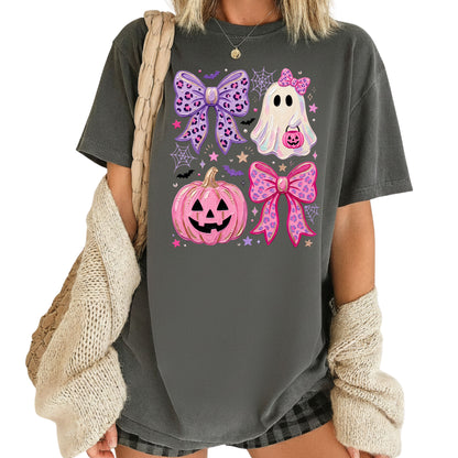 Coquette Halloween Ghost Pink Pumpkin Leopard Bow T-Shirt, Spooky Cute Tee