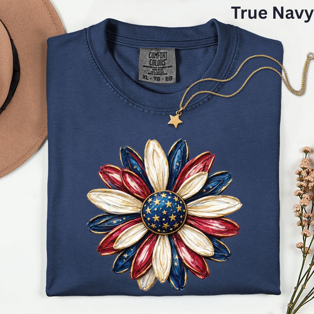 Patriotic Flower Comfort Colors T Shirts 4th of July Sunflower Tee Red White Blue Daisy Shirt Cute America Floral Fourth of July Gifts