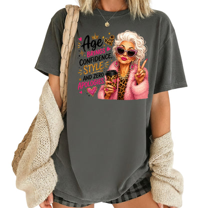 Age Brings Confidence Senior Woman T-Shirt, Fabulous Glam Leopard Coffee Comfort Color Tee