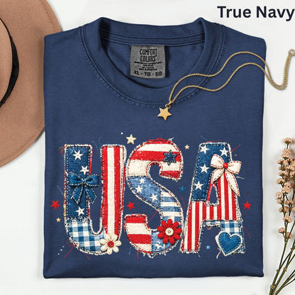 Coppy USA Letters Comfort Colors T Shirts Cute Patriotic Tee Coppy America Flag Shirt 4th of July Bow Red White Blue Fourth of July Gifts