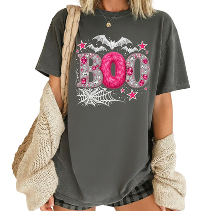 Boo Pink Glitter Bats Halloween T-Shirt, Spider Web Sparkle Comfort Color Tee